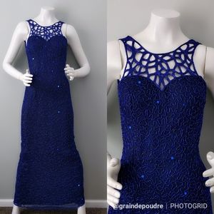 Vtg Royal Blue Cage Cutout Bodice Sequin Gown XS S